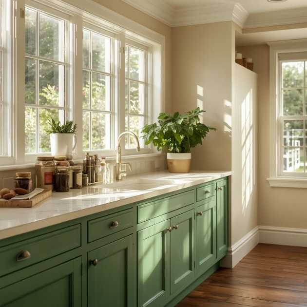 Green Kitchen Cabinet With Cream Countertops