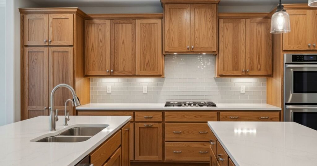 Hickory Kitchen Cabinets with White Countertops