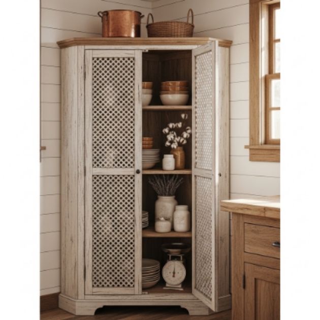 Open-Lattice Corner Cabinet for Farmhouse Flair
