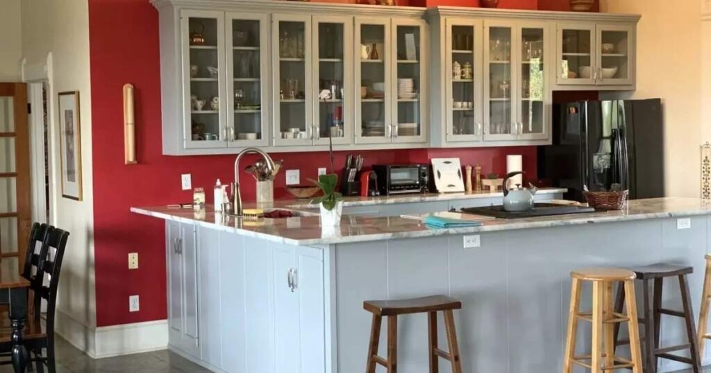 Red Walls with Gray Kitchen Cabinets