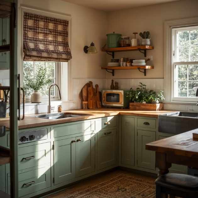 Sage Green Cabinet with Butcher Block Countertops
