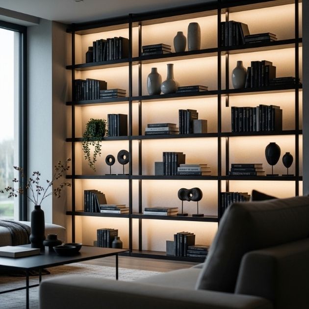 Backlit Shelving Defines Space and Creates a Feature Wall