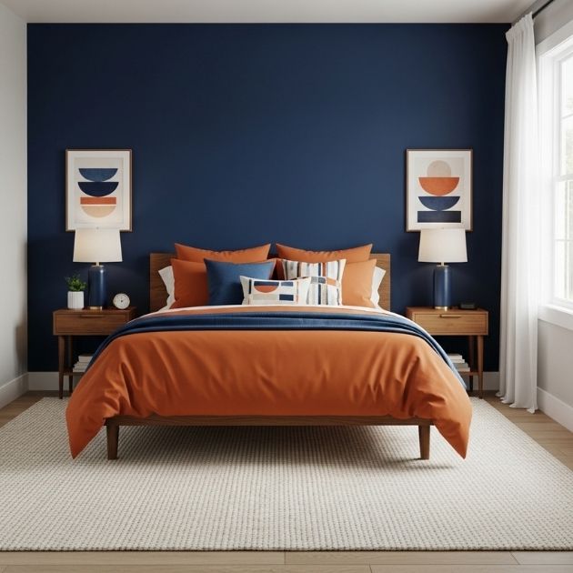Bold Navy and Burnt Orange Bedroom
