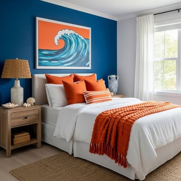 Bright Navy Blue and Burnt Orange Bedroom with Coastal Charm