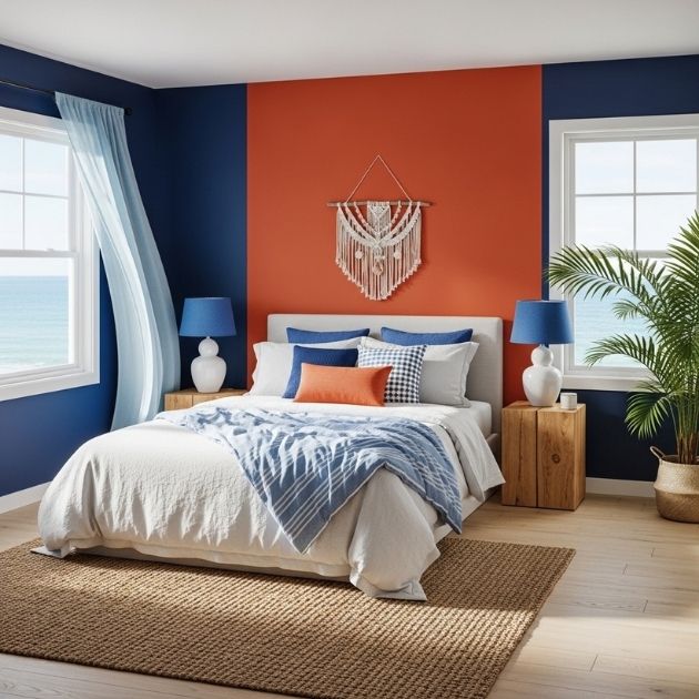 Bright Navy Blue and Burnt Orange Bedroom with a Fresh Coastal Feel