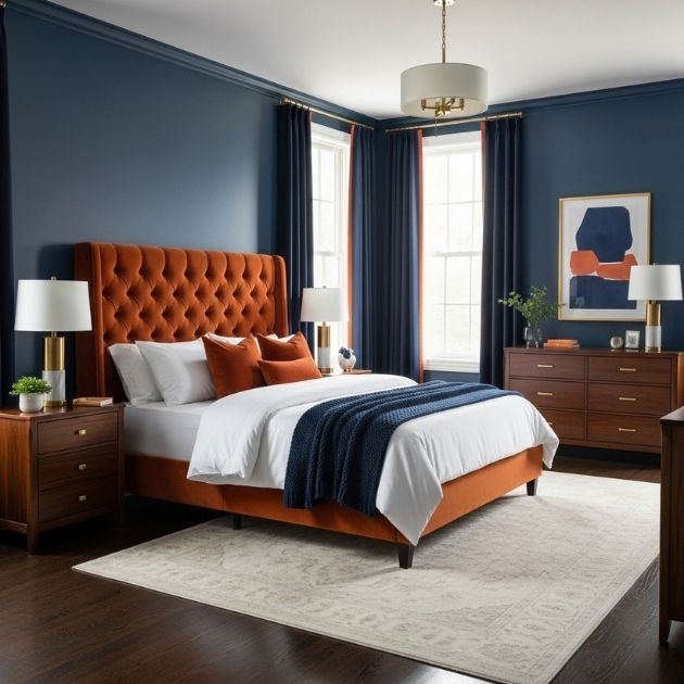 Classic Navy Blue and Burnt Orange Bedroom with a Polished Finish