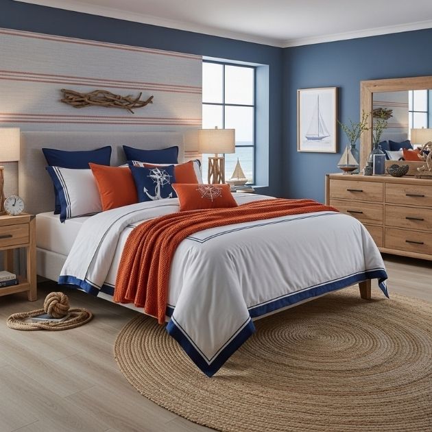 Coastal Navy Blue and Burnt Orange Bedroom with a Fresh Nautical Twist