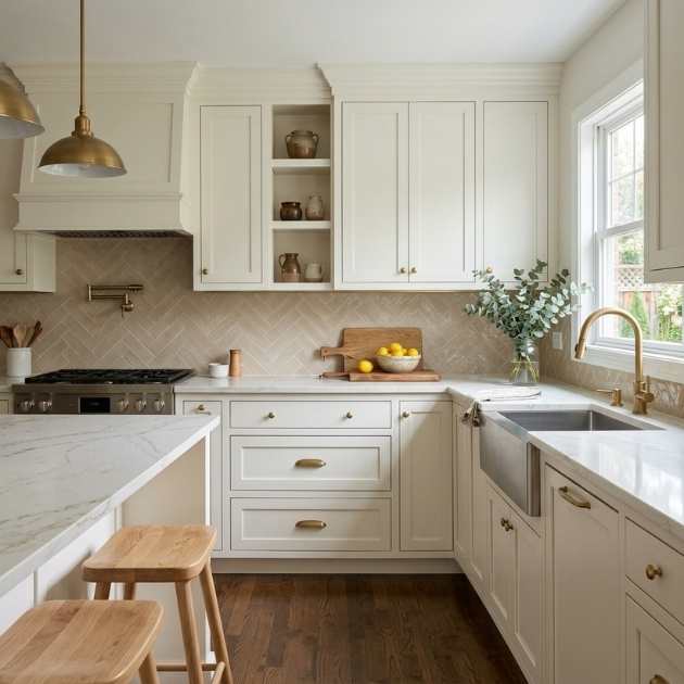 Countertops and Backsplash for Off White Kitchen Cabinets