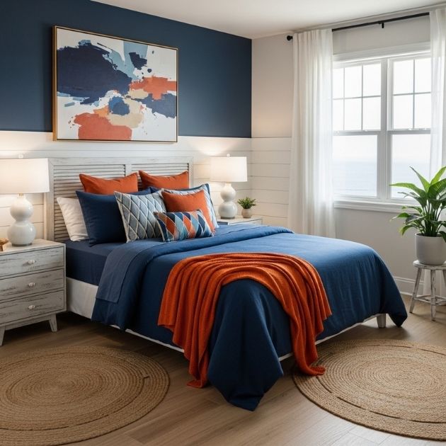Cozy Navy Blue and Burnt Orange Bedroom with a Modern Coastal Touch