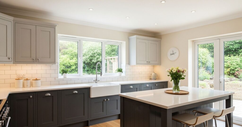 Cream Walls with Gray Kitchen Cabinets