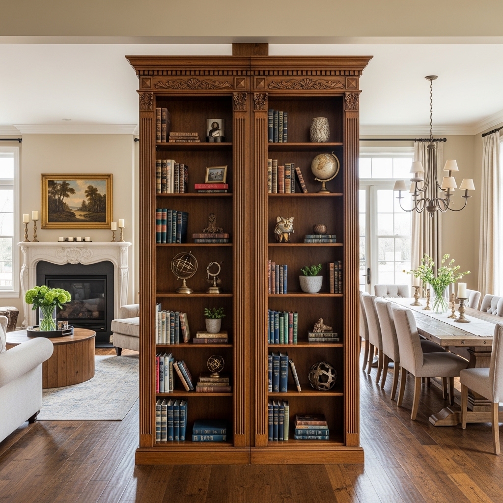 Double-Sided Bookcase Defines Large Open Rooms