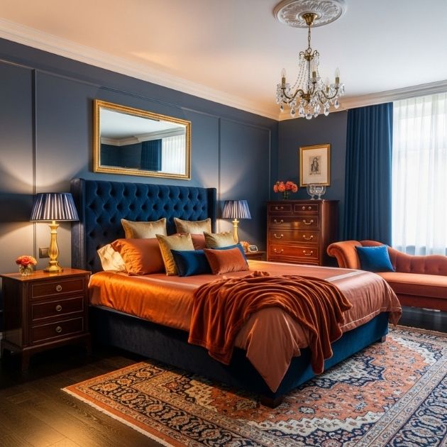 Elegant Navy Blue and Burnt Orange Bedroom with Classic Luxury