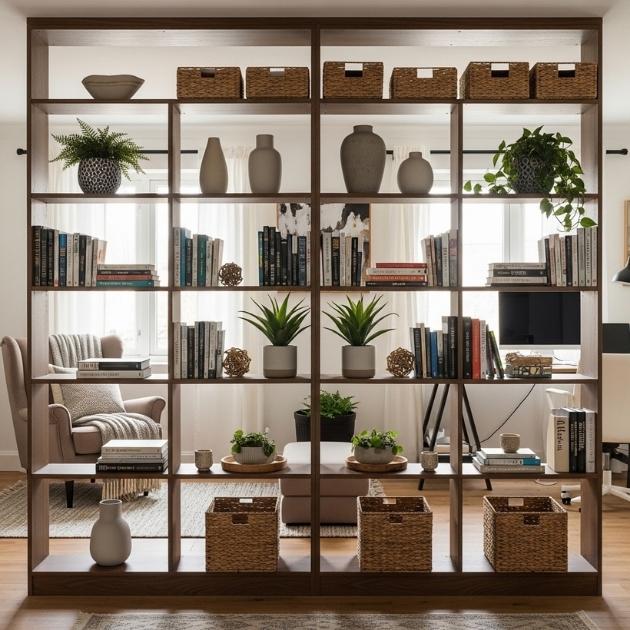 Floor-to-Ceiling Shelves Form a Functional Partition