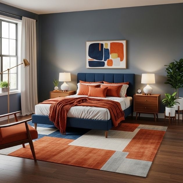 Modern Navy Blue and Burnt Orange Bedroom with Mid-Century Warmth