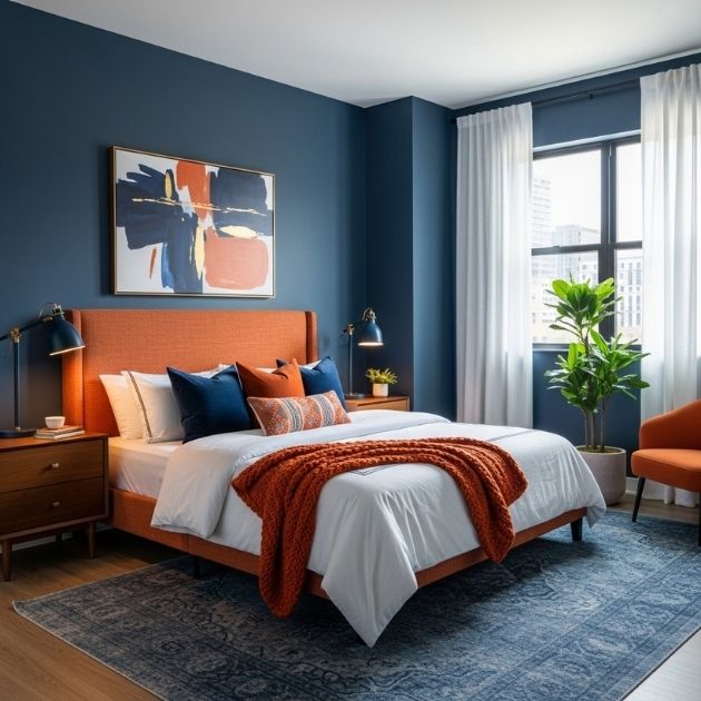Modern Navy Blue and Burnt Orange Bedroom