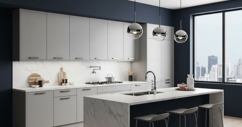 Navy Blue Walls with Gray Kitchen Cabinets