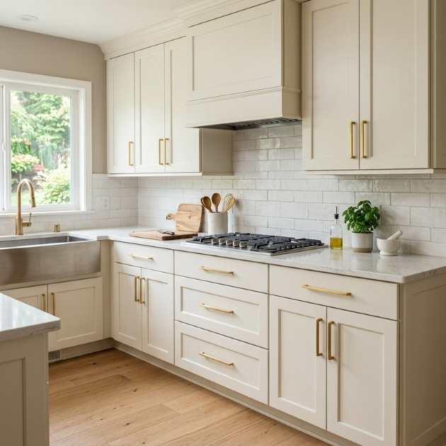 Off White Shaker Cabinets with Gold Handles