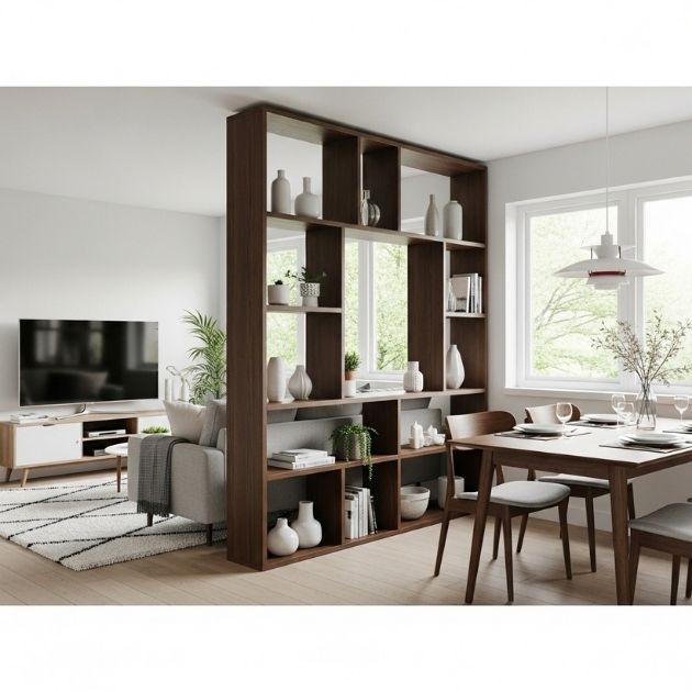 Open Cube Shelving Separates Dining and Living Areas