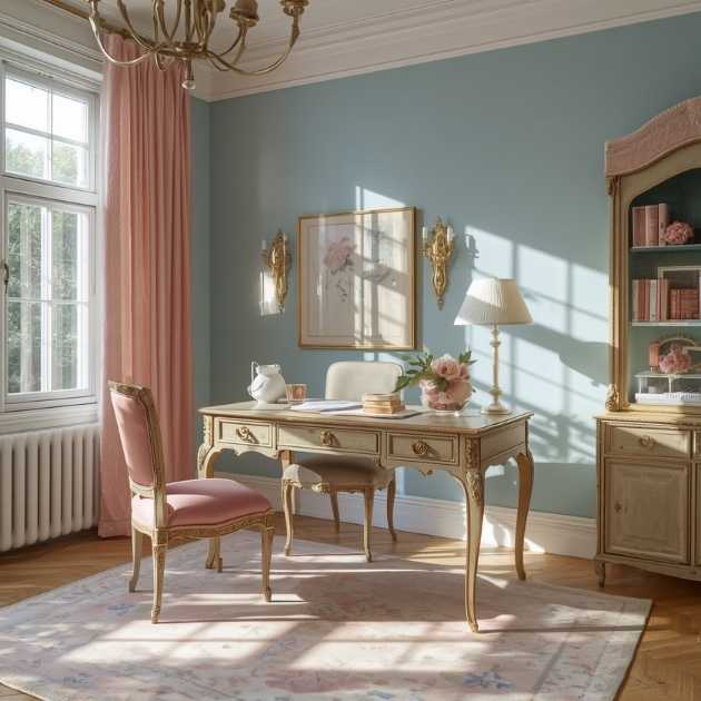 Pastel Blue and Pink Feminine Home Office with Vintage Charm
