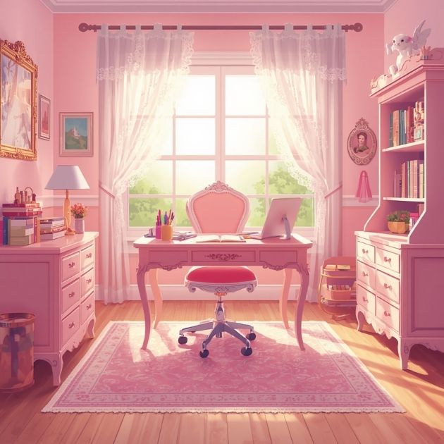 Playful Pink Feminine Home Office with Classic Charm