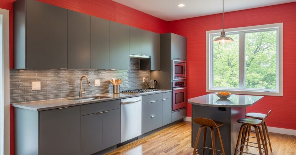 Red Walls with Gray Kitchen Cabinets