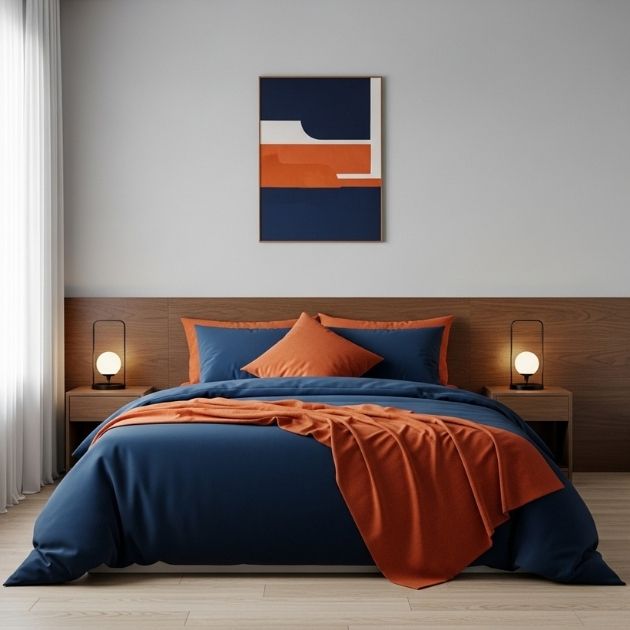 Simple Navy and Burnt Orange Bedroom