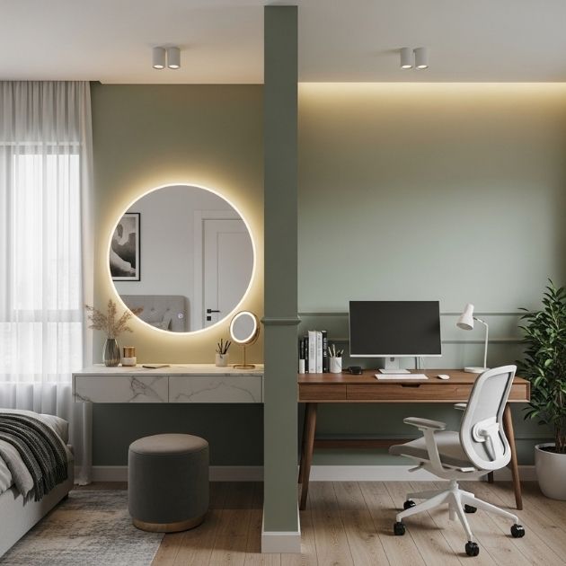 Vanity Wall Creates a Bedroom Workspace Division