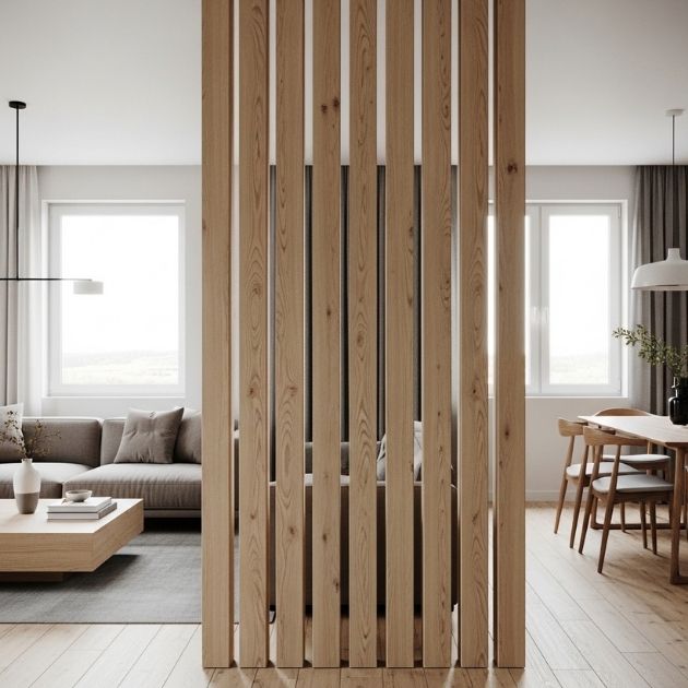 Vertical Wood Panels Divide Without Closing the Room