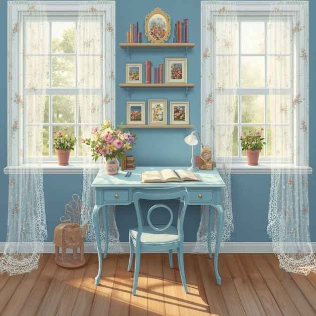 Vintage Blue Feminine Home Office with Floral Charm