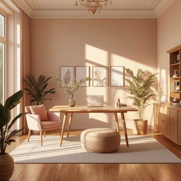 Warm Blush and Wood Feminine Home Office Design