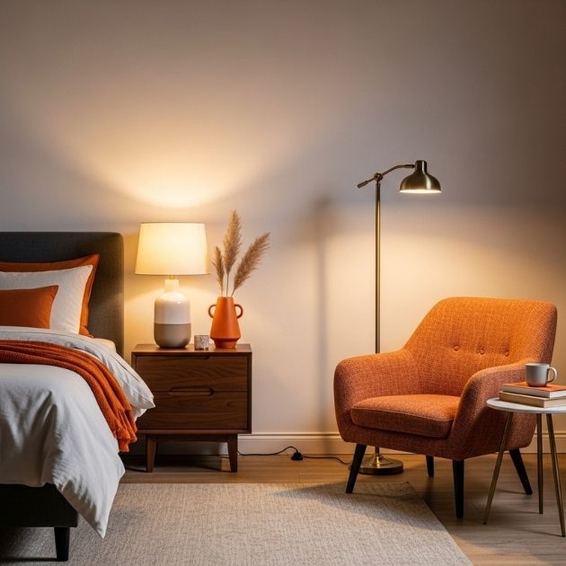 Warm and Inviting Navy Blue and Burnt Orange Bedroom