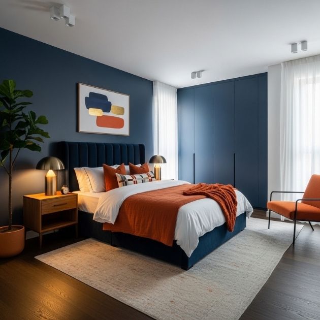 Warm and Modern Navy Blue and Burnt Orange Bedroom